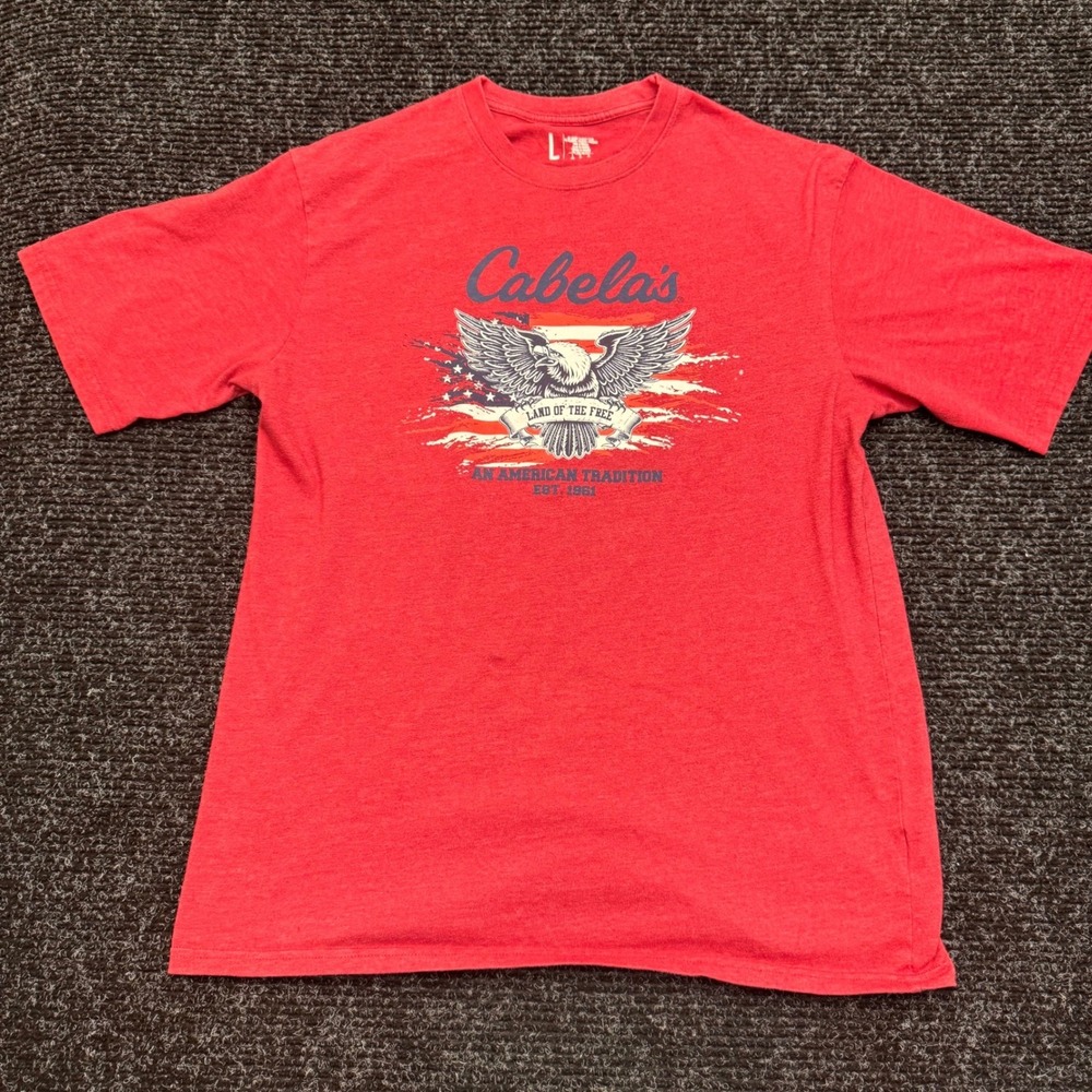 Cabelas Mens Red Eagle American Flag Graphic T-Shirt Large Short Sleeve Heather